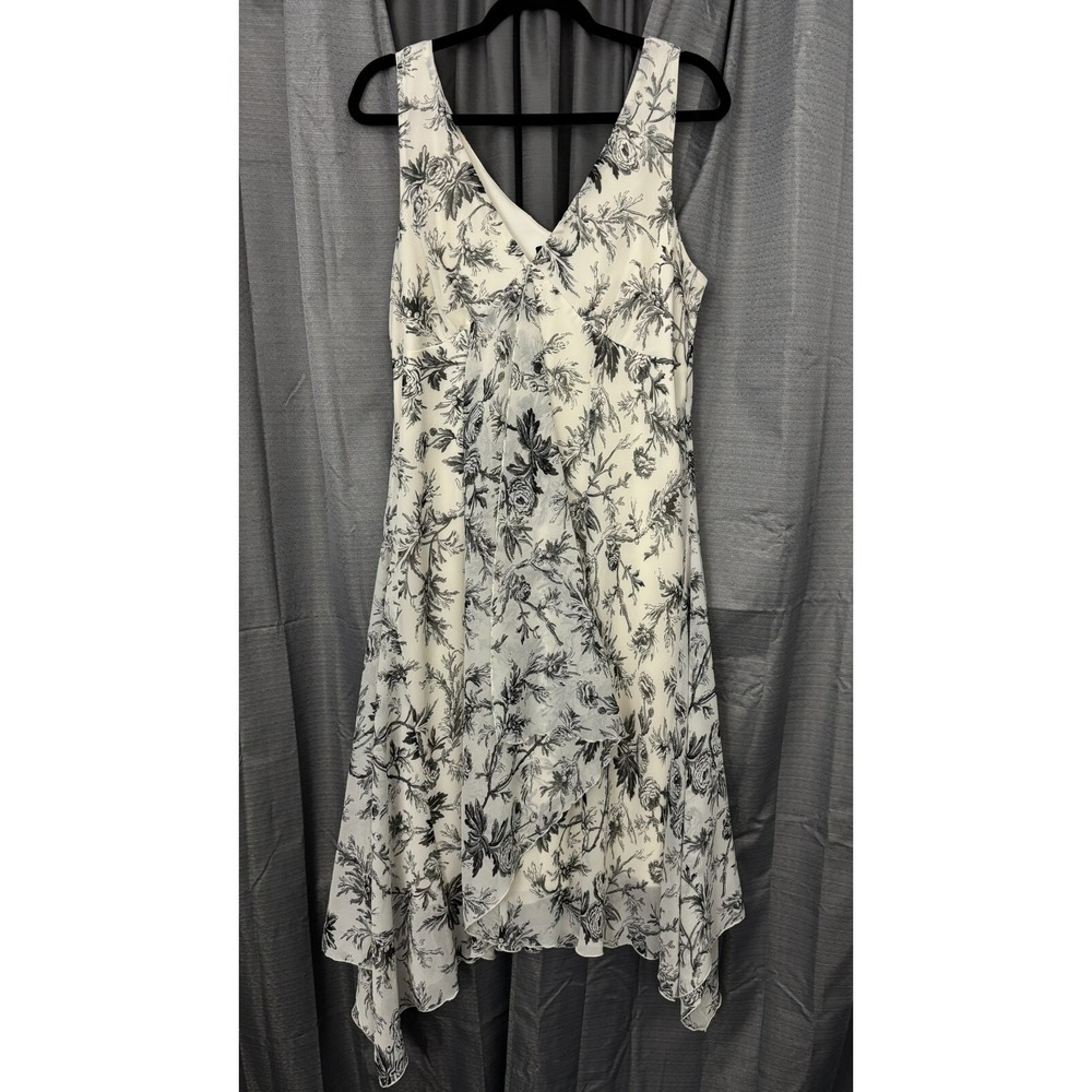 VTG biyaycda Shark Bite Hem Midi Dress Womens 16 White Black Floral Flowy‎ Y2K